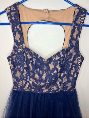City Triangles Navy Lace & Nude Lined Tulle Party or Prom Dress